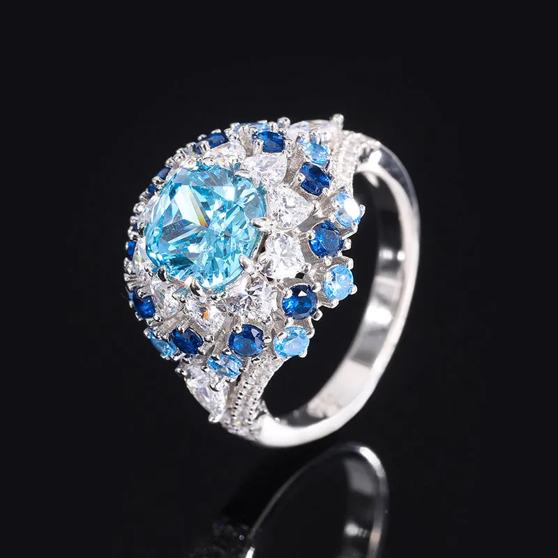 Luxurious Art-Deco Inspired Vintage Synthetic Aquamarine Ring in Sterling Silver